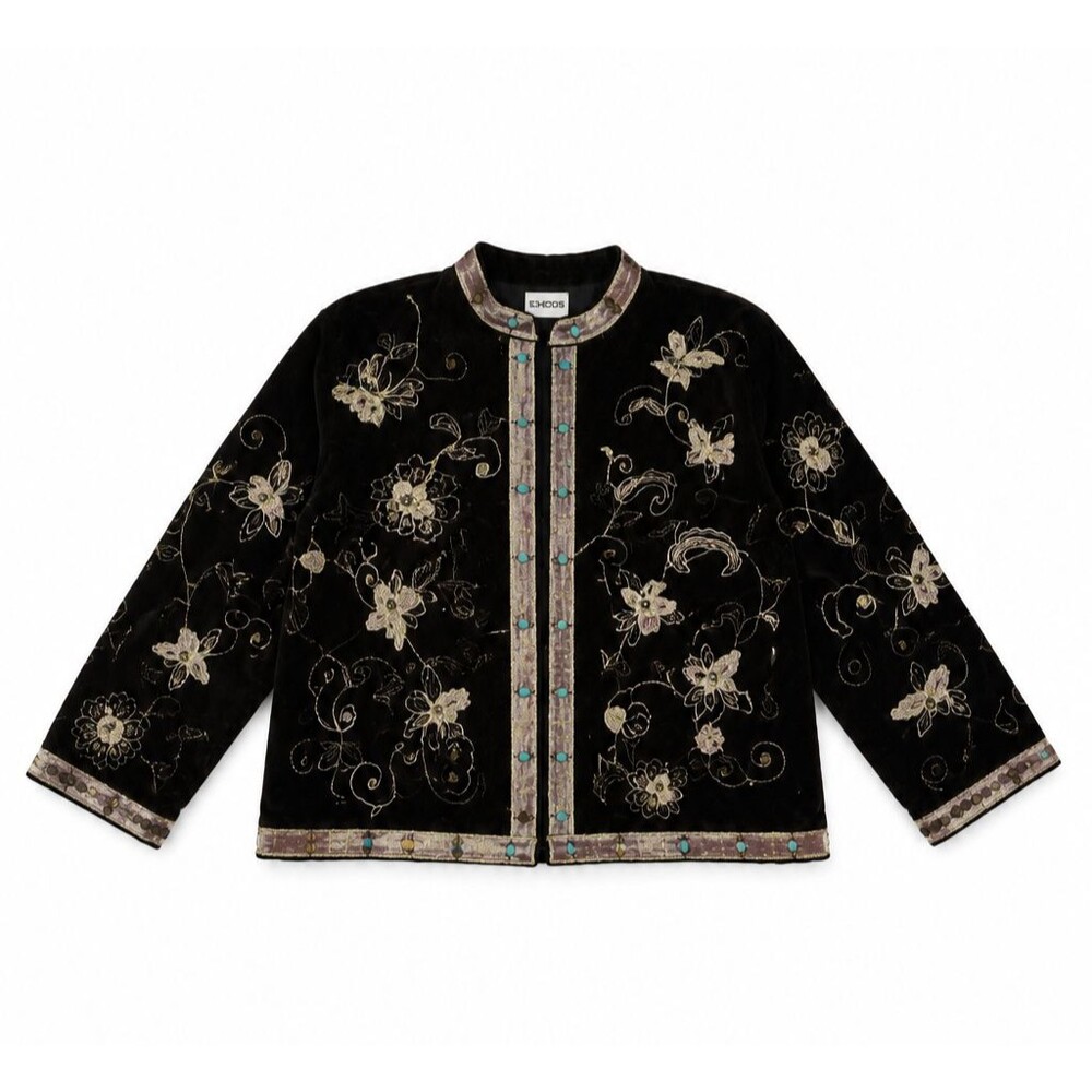 Chico’s Embroidered Velvet Floral Jacket Dark Brown Boho Cardigan Women’s Size 3